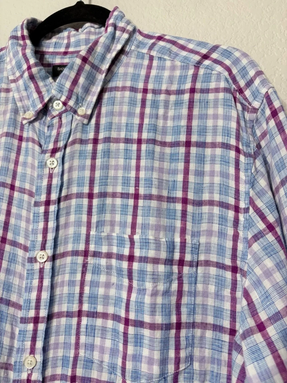 Men’s Banana Republic Linen Purple Blue Plaid Button-Down Shirt Camden Fit L